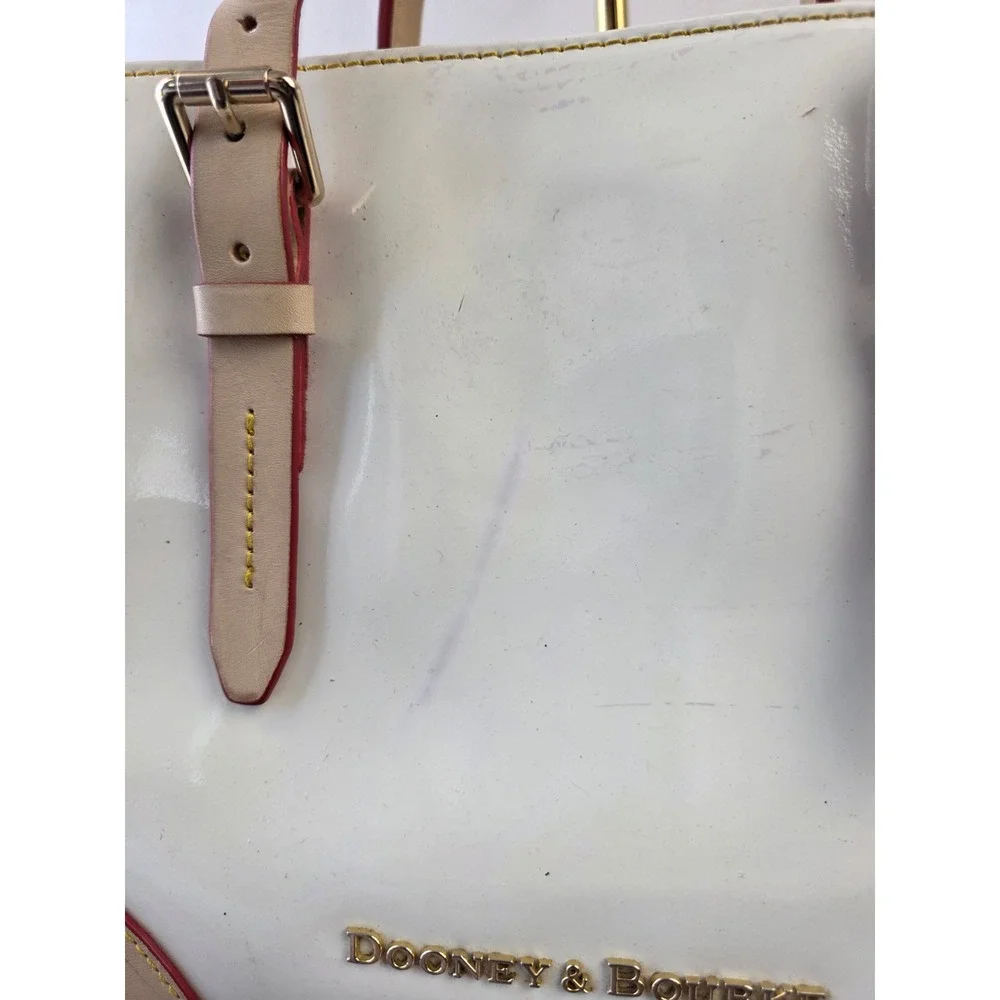Dooney & Bourke White Patent Leather Satchel Tan Trim Contrast Stitch Handbag